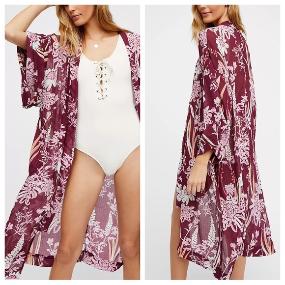 Free People Tops - Free People Intimately if you say so burgundy pink floral kimono 23731